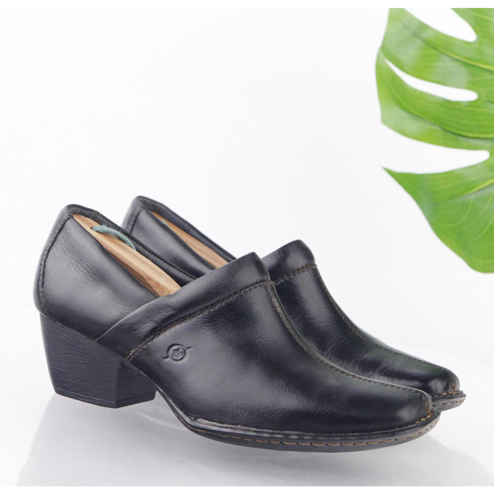 Born Womens Kinney Boots Size‎ 8.5 Black Leather Block Heel Clog Booties Comfort
